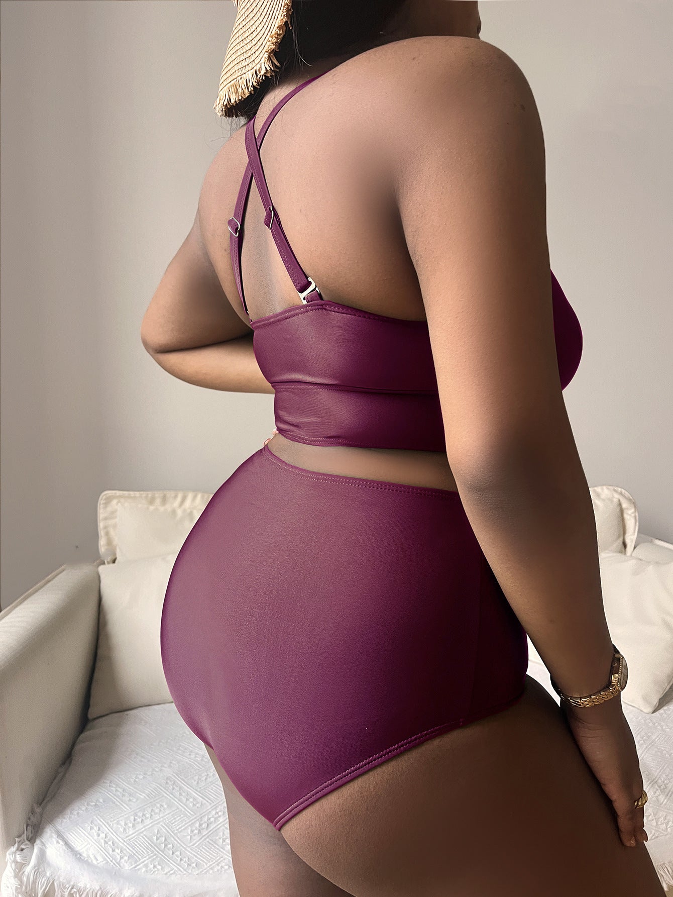 Plus Size Hollow Cross Halter Bikini – Adjustable Straps, Solid Color, Curve-Flattering Fit