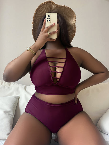 Plus Size Hollow Cross Halter Bikini – Adjustable Straps, Solid Color, Curve-Flattering Fit