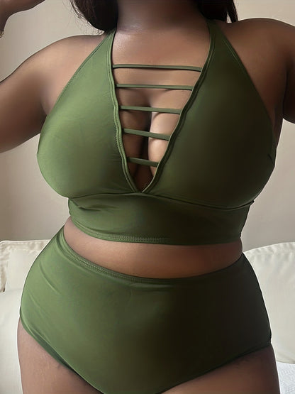Plus Size Hollow Cross Halter Bikini – Adjustable Straps, Solid Color, Curve-Flattering Fit