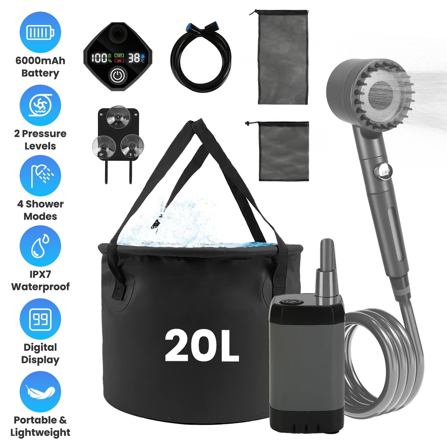 Portable Camping Shower Kit – IPX7 Waterproof w/ 6000mAh Battery & 5.3G Foldable Bucket