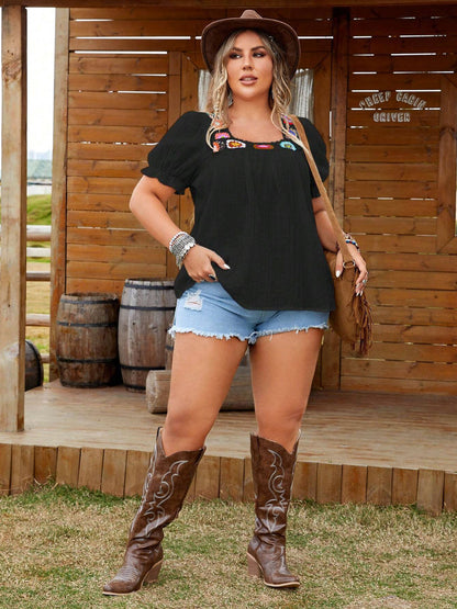 Women's Plus Size Colorful Applique Blouse - Summer Casual Square Neck Short Sleeve Outgoing Top