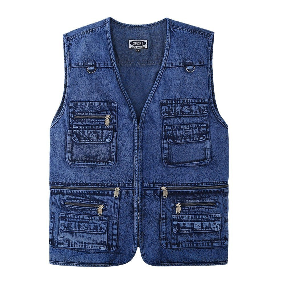 Men's Multi-Pocket Denim Utility Vest – Ideal for Fishing, Hiking & Photography