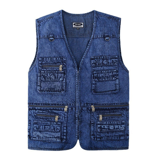Men's Multi-Pocket Denim Utility Vest – Ideal for Fishing, Hiking & Photography
