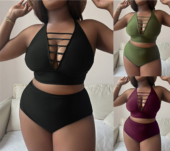 Plus Size Hollow Cross Halter Bikini – Adjustable Straps, Solid Color, Curve-Flattering Fit