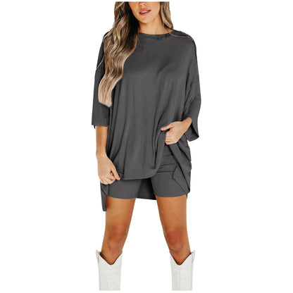 Women’s Summer Shorts Suit Set – Loose Short-Sleeve Tee & High-Waist Slim Pants