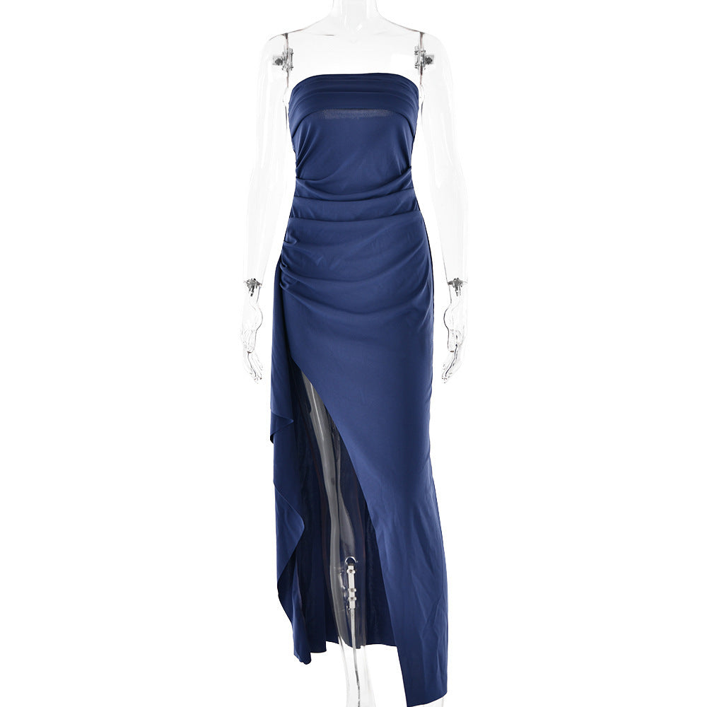 Elegant Strapless Maxi Dress – Pleated Design with High Slit