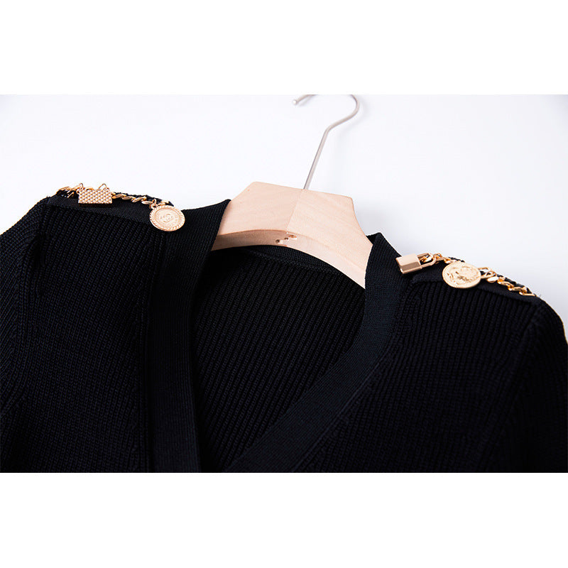 Chain Metal Buckle Shoulder Cotton INS Style Elegant Knitted Dress