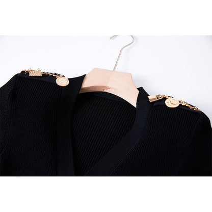 Chain Metal Buckle Shoulder Cotton INS Style Elegant Knitted Dress