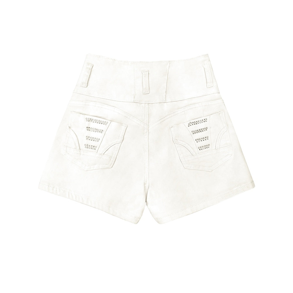 White High Waist Button Shorts Slim Fit Stretch Denim Bling Pocket Hot Girl Summer Look Club Chic Curve Flattering Pants For Women