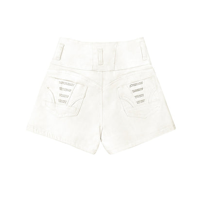 White High Waist Button Shorts Slim Fit Stretch Denim Bling Pocket Hot Girl Summer Look Club Chic Curve Flattering Pants For Women