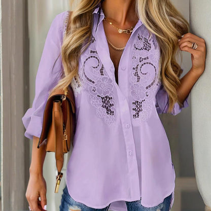 Women's Contrast Lace Long Sleeve Tops Button Down Shirts Dressy Casual Blouses Fall Fashion Clothes