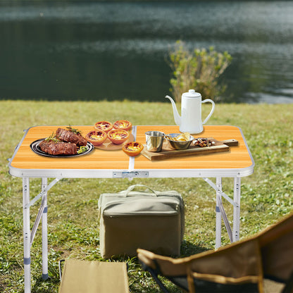 "3ft Wood Grain Folding Table - Outdoor Aluminum Alloy Rectangular Foldable Table with 50kg Capacity