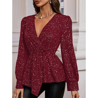 Womens Sparkly Tops Shiny Long Sleeve Ruched Asymmetrical Hem Sparkle Blouses Cocktail Party Evening Shirts