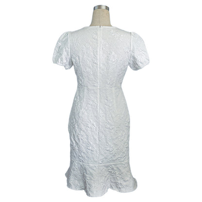 Women's Floral Jacquard Dress Women's Short Puff Sleeve Crew Neck Ruffle Hem Bodycon Dresses