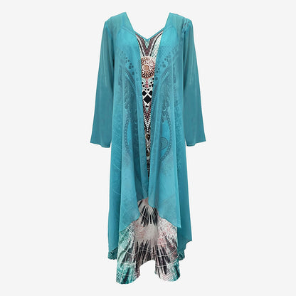 Women's Long Sleeve V-Neck Print Loose Two-Piece Dress Casual Elegant Spring&Autumn Outfit