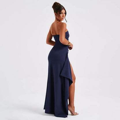 Elegant Strapless Maxi Dress – Pleated Design with High Slit