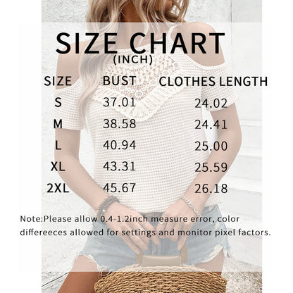 Womens Summer Cold Shoulder Tops Hollow Out Lace Crochet Short Sleeve Casual Blouse Top