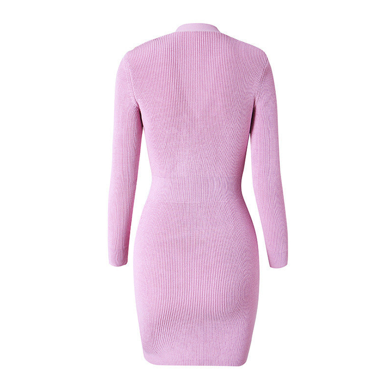Chain Metal Buckle Shoulder Cotton INS Style Elegant Knitted Dress
