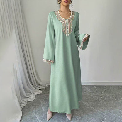 Women's Middle Eastern Embroidered Maxi Dress - Round Neck Long Sleeve Flowy Kaftan With Exquisite Embroidery, Loose Fit
