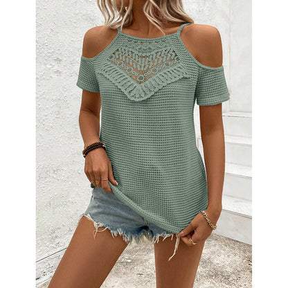 Womens Summer Cold Shoulder Tops Hollow Out Lace Crochet Short Sleeve Casual Blouse Top
