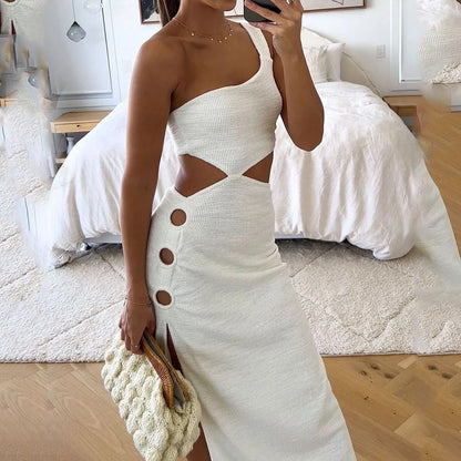 Women's Sexy One-Shoulder Bodycon Dress - Sleeveless Hollow-Out Solid Color Mini Dress