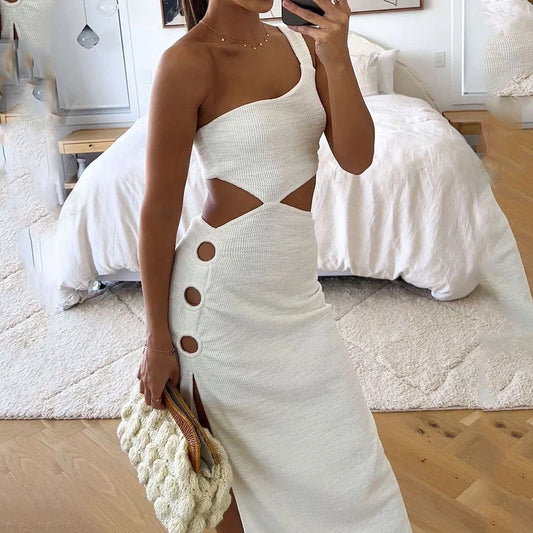 Women's Sexy One-Shoulder Bodycon Dress - Sleeveless Hollow-Out Solid Color Mini Dress