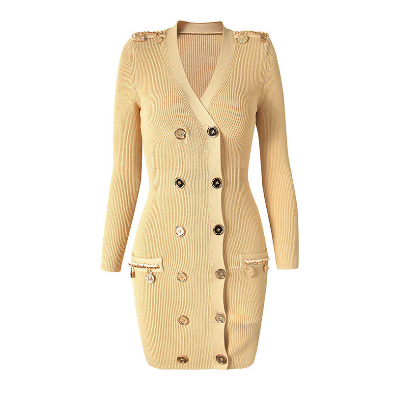 Chain Metal Buckle Shoulder Cotton INS Style Elegant Knitted Dress