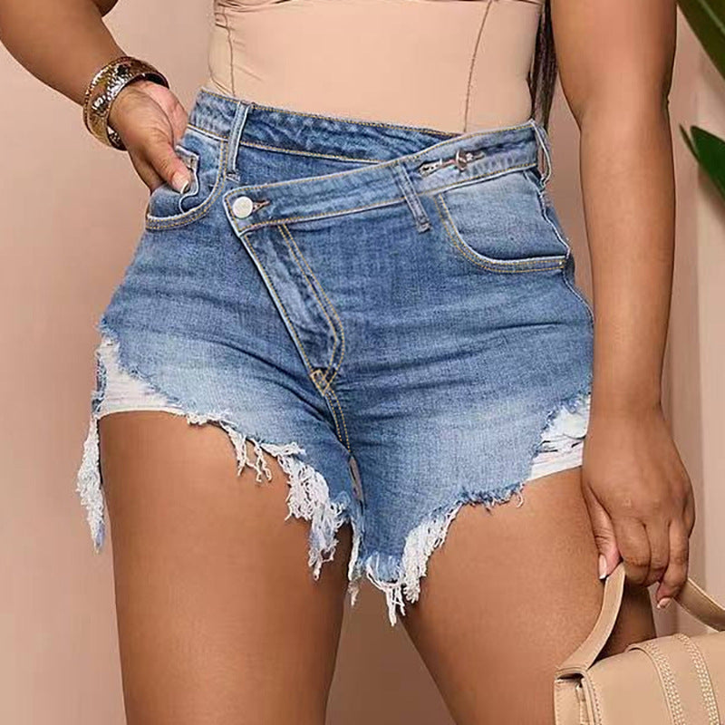 Women’s Fashion Personality Denim Shorts – High Waist, Ripped Detail, Bold Street Style