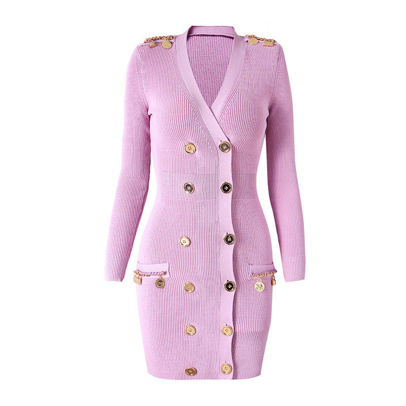 Chain Metal Buckle Shoulder Cotton INS Style Elegant Knitted Dress