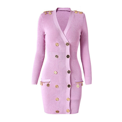 Chain Metal Buckle Shoulder Cotton INS Style Elegant Knitted Dress
