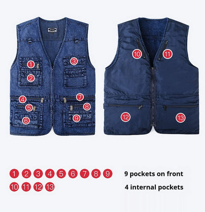 Men's Multi-Pocket Denim Utility Vest – Ideal for Fishing, Hiking & Photography