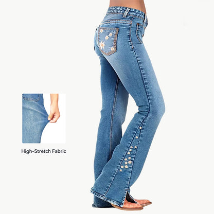 Women's High-Waist Star Patch Jeans, Wide-Leg Full-Length Jeans With A Retro Y2K Sta Light-Wash Denim For All Seasons.