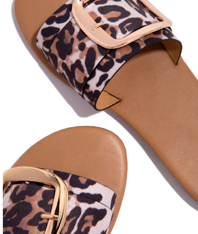 Buckle Slippers Leopard Print Sandals Women Summer Flat Beach Shoes
