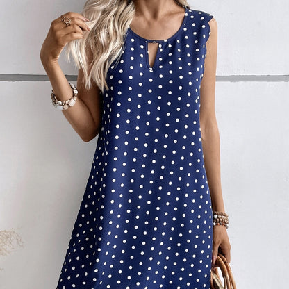 Ladies' Casual Pullover With Polka Dot Hollowed Out Collar And Round Neck Wavy Edge Dress