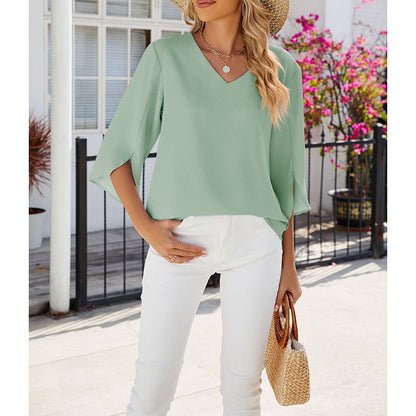 Women's Chiffon Blouses 3 4 Sleeve Summer Dressy Tunic Tops Casual Loose V Neck T-Shirts