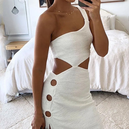 Women's Sexy One-Shoulder Bodycon Dress - Sleeveless Hollow-Out Solid Color Mini Dress