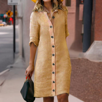 Women's Solid Color Shirt Collar Mid-Sleeve Dress With Oversized Buttons - Simple & Elegant Spring&Summer Dress