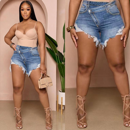 Women’s Fashion Personality Denim Shorts – High Waist, Ripped Detail, Bold Street Style