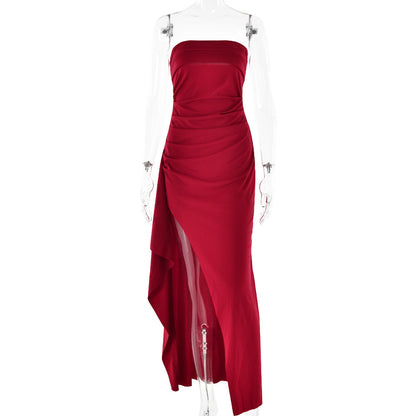 Elegant Strapless Maxi Dress – Pleated Design with High Slit