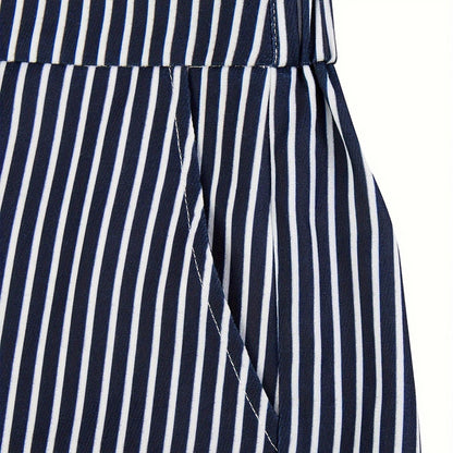 Women's Striped Print Casual Two-Piece Set Button-Up Long Sleeve Jacket & Shorts With Slant Pockets, Summer Fashion Outfit
