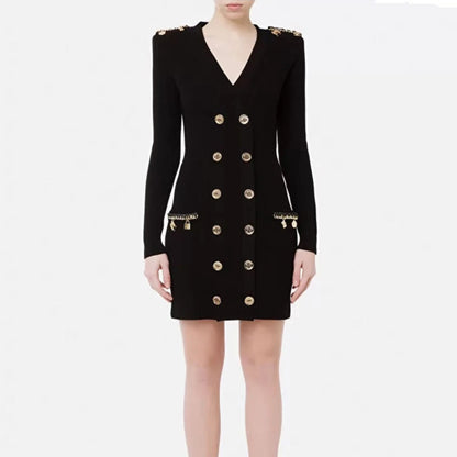 Chain Metal Buckle Shoulder Cotton INS Style Elegant Knitted Dress