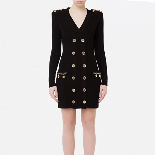 Chain Metal Buckle Shoulder Cotton INS Style Elegant Knitted Dress