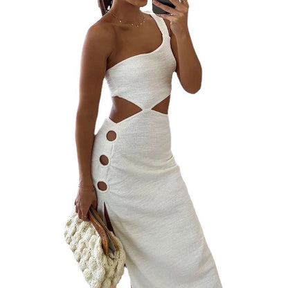 Women's Sexy One-Shoulder Bodycon Dress - Sleeveless Hollow-Out Solid Color Mini Dress