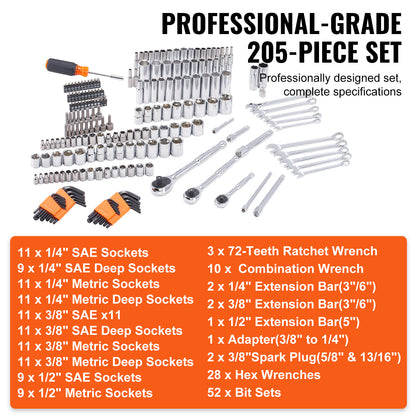 VEVOR Mechanics Tool Set And Socket Set,  Drive Deep And Standard Sockets, 205 Pcs SAE And Metric Mechanic Tool Kit With Bits, Combination Wrench, Hex Wrenches, Accessories, Storage Case