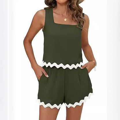 Fashion Casual Corrugated Lace Sleeveless Shorts Suit
