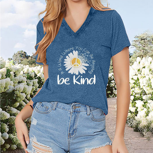 Women's 'Be Kind' Sunflower Print V-Neck Tee - Casual Short Sleeve Inspirational Summer Top