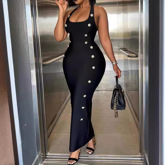 Midnight Ties Dress – High-Waist Bandage Suspender Dress With Button Detail