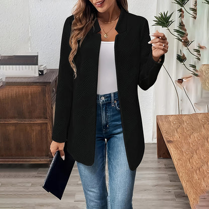 Women's Solid Color Notched Lapel Blazer - Textured Elegant Jacket For Fall&Winter Formal & Casual Wear