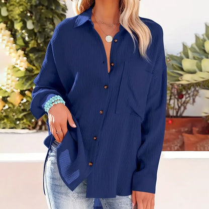 Women's Solid Color V-Neck Long Sleeve Blouse - Textured Button-Up Shirt, Casual & Minimalist Top For Spring&Fall