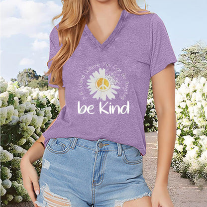 Women's 'Be Kind' Sunflower Print V-Neck Tee - Casual Short Sleeve Inspirational Summer Top